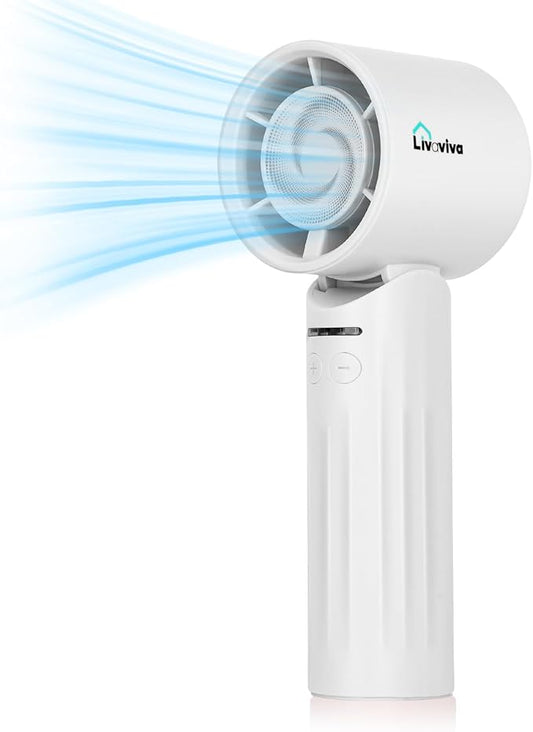 LIVAVIVA Handheld fan, adjustable blowing angle, mini portable turbo fan, USB Type-C rechargeable, infinitely variable speed high-speed personal fan, 11 Hours Battery Life (White)