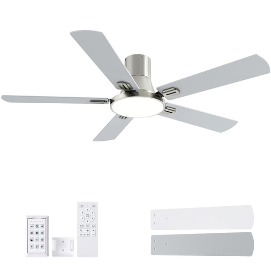 SNJ 52 Inch Brushed Nickel Ceiling Fans with Lights and Remote,Flush Mount Low Profile 5 Blades Ceiling Fan,Dimmable Quiet Reversible DC Motor for,Living Room,Bedroom and Patio