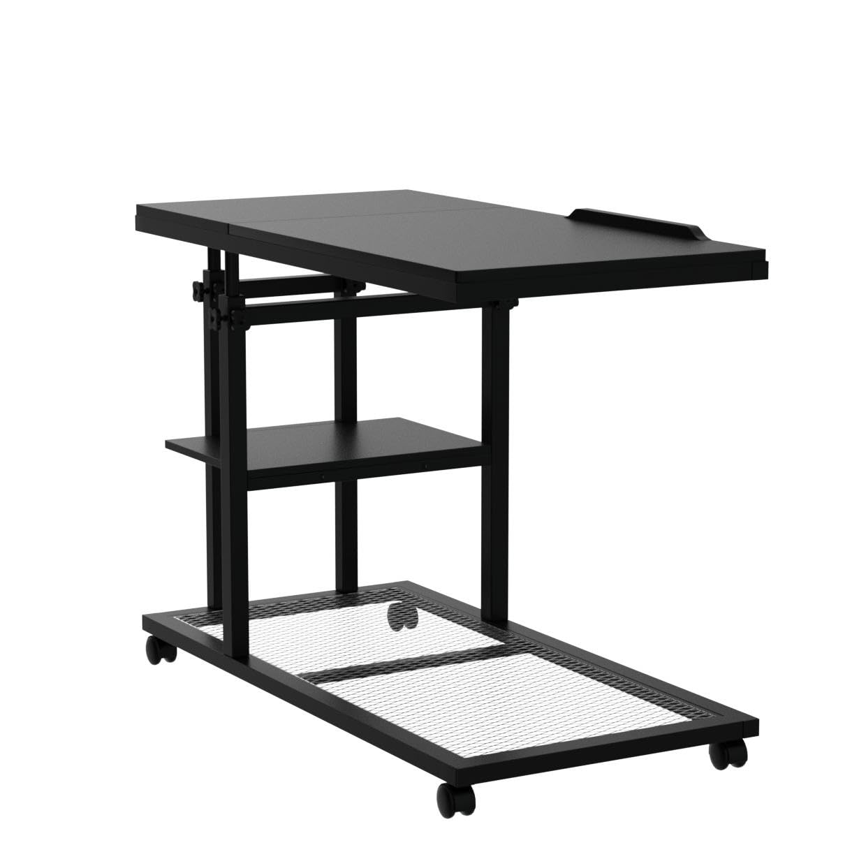 Tribesigns Height Adjustable C Table with Wheels, Mobile Couch Snack Side Table with Tiltable Drawing Board, Sofa Bedside Laptop Stand C Shaped TV Tray with Storage Shelves (Black)