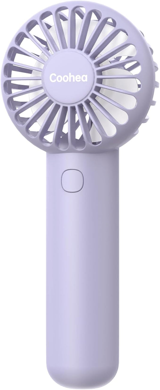Coohea Mini Handheld Fan, Small Cute Design, 3 Powerful Speeds, USB Rechargeable Battery Operated, Portable Personal Fan with Base & Lanyard, for Eyelash Makeup Travel Beach Office Desk, Purple