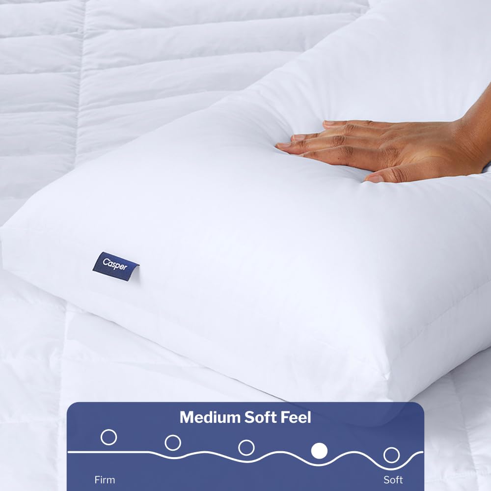 Casper Sleep Original Pillow, Standard Size – Medium Soft Feel, Down-Alternative Fill, Supports Side, Back & Stomach Sleepers, Neck Pain Relief, Machine Washable