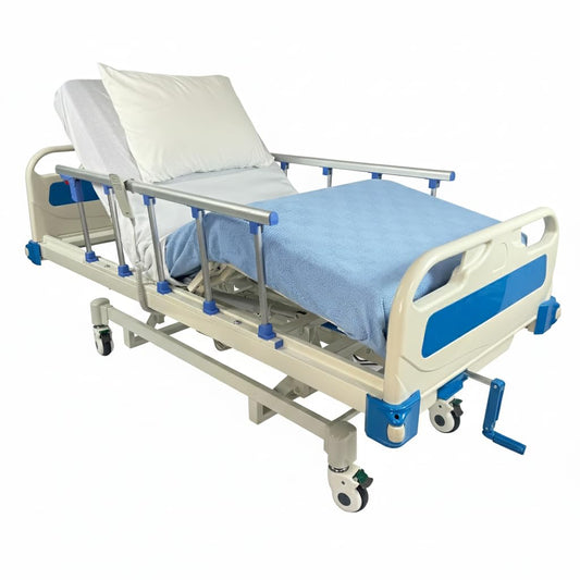 GloryMEQ Point A Tech PAM‑3SE Semi‑Electric Hospital Bed – 3‑Function Adjustable Home‑Care Bed with Remote, Safety Rails, Locking Casters, Foam Mattress, Bed Tray & 2 Sheets