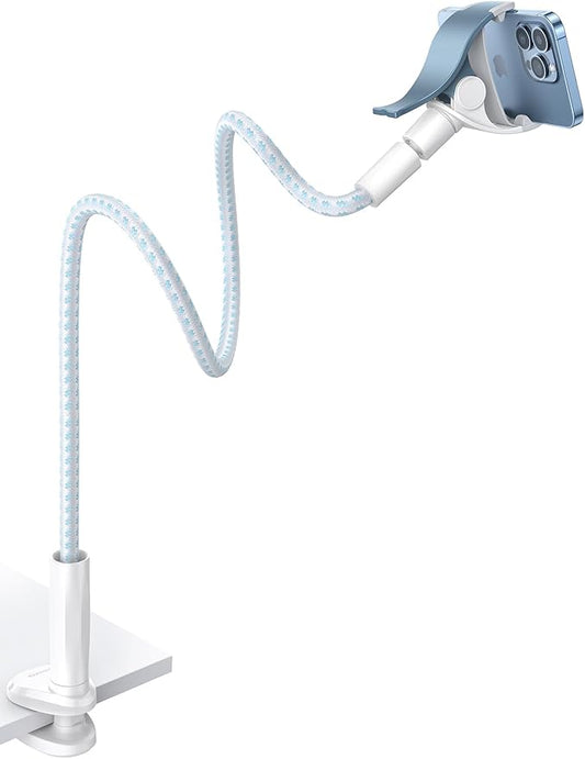 Aomiker Gooseneck Phone Holder for Bed - [Upgrade Nylon Braid] 38” Flexible Lazy Arm Clip, 360 Adjustable Overhead Phone Mount for iPhone 16 15 14 13 12 11 Pro Max Mini Plus, 4-7" Cellphone - White