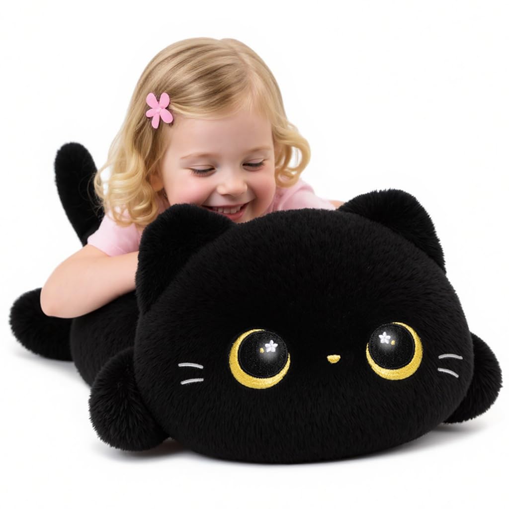Mewaii Cute Black Cat Plush Pillow, Kawaii Plushies Black Cat Stuffed Animals, Squishy Plushies, Cuddle Plush Pillow for Kids & Girls (20 Inch)