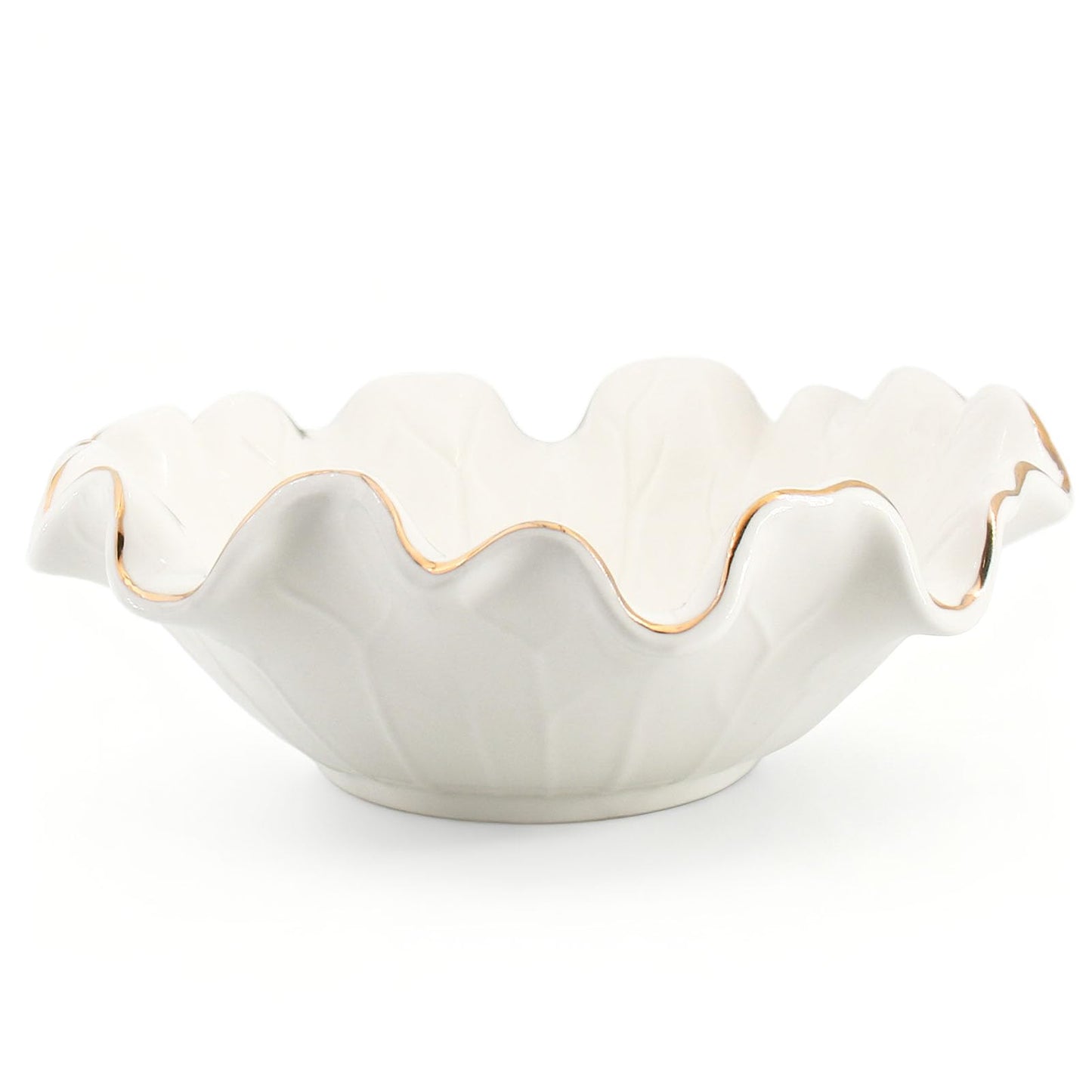 Aimtobest Handcrafted 8" White Ceramic Ruffle Bowl with Gold Trim – Modern Lotus Design, Small Shallow Decorative Bowl for Kitchen Counter & Key Holder for Entryway Table, Catch-All for Home Decor