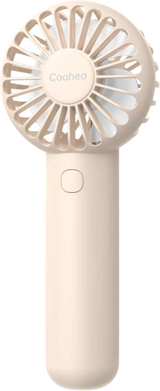 Coohea Mini Handheld Fan, Small Cute Design, 3 Powerful Speeds, USB Rechargeable Battery Operated, Personal Portable Fan with Base & Lanyard, for Eyelash Makeup Travel Beach Office Desk, Beige
