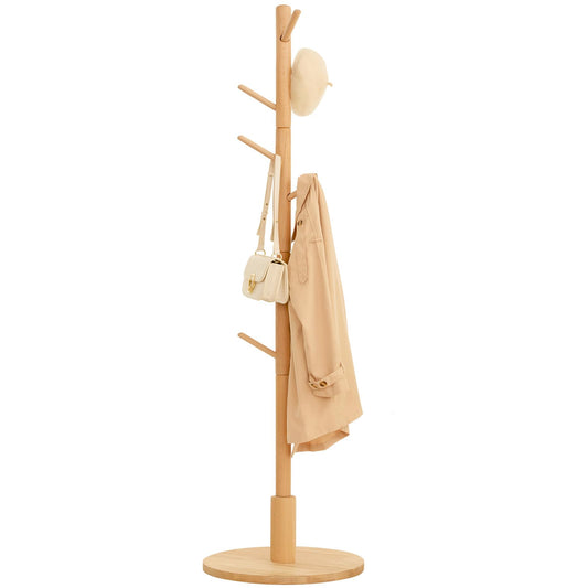 Cozivolife Standing Coat Rack,Wooden Coat Rack Stand with 9 Hooks and 3 Height Adjustable,Beech Wood Tree Coat for Bedroom,Office,Entryway (Bamboo)