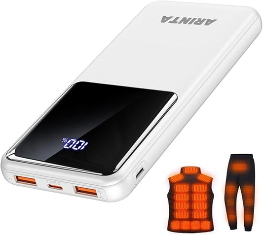 Power Bank Portable Charger 10000mAh PD 22.5W, 5V Battery Pack for Heated Vest & Heated Jacket, LED Display & USB-C Input/Output, Compatible for Smartphones, Tablets,Travel Essentials. (White)