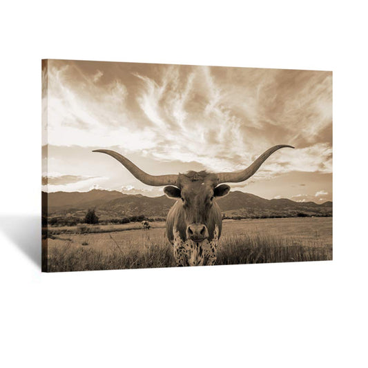 KREATIVE ARTS Sepia Texas Animal Canvas Wall Art Highland Cattle with Long Horns Picture Longhorn in Sunset Farm Painting for Home Decor Modern Living Room Decorations Ready to Hang 24x36in