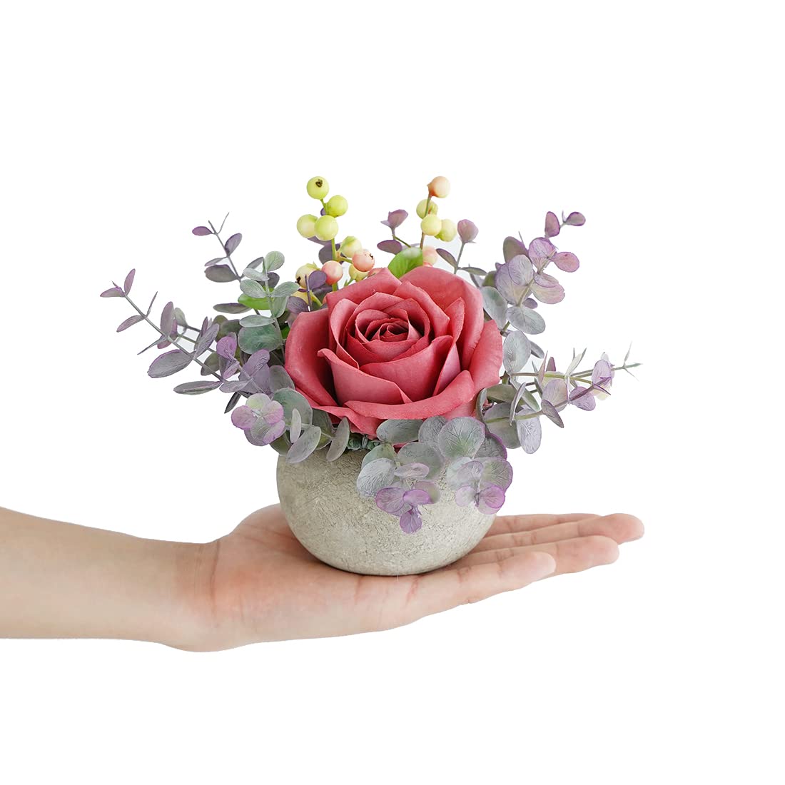 Rosscer Small Artificial Pink Rose Potted Plant, 6" Fake Silk Flowers in 3.5" Round Pot, Mini Faux Floral Arrangement for Desk Shelf Bathroom Decor