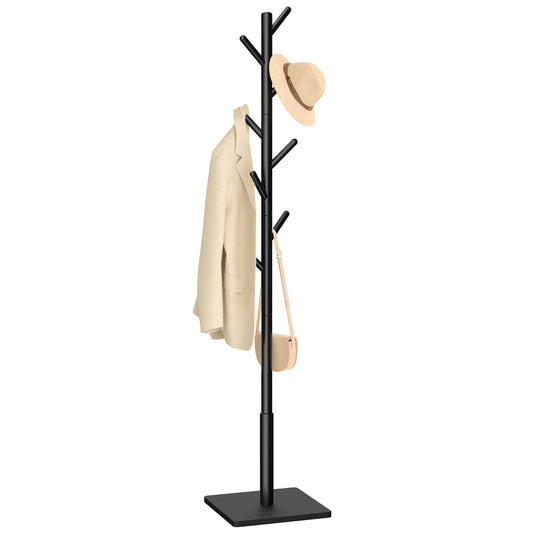 Yawinhe Coat Rack, Sturdy Woode Stand Tree with 8 Hooks, 3 Adjustable Height for Bedroom, Hallway, Entrance, Office, 11.8 x 70.8 inches, Black, 1-Pack, Square Base