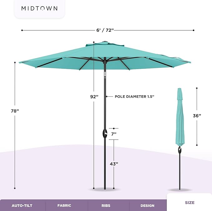 Midtown Umbrellas 10-Year-No-Fade - 6 Ft - UV Proof Heather Grey Fabric - Umbrella Outdoor Patio, Auto-Tilt Aluminum Frame Large Patio Umbrella for Garden, Pool & Deck - Black Pole