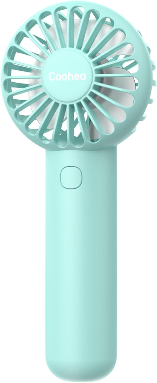 Coohea Mini Handheld Fan, Small Cute Design, 3 Powerful Speeds, USB Rechargeable Battery Operated, Portable Personal Fan with Base & Lanyard, for Eyelash Makeup Travel Beach Office Desk, Blue