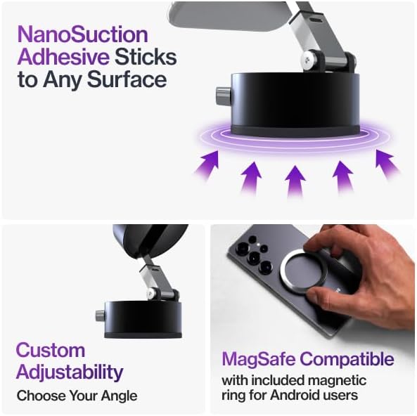 STATIK HyperMount® 2 Vacuum Phone Mount - Magnetic Phone Holder, Vacuum Seal Car Phone Mount, Use on Any Surface, Compatible with Apple MagSafe and Magnetic Rings Included for Android Devices - 3 Pack
