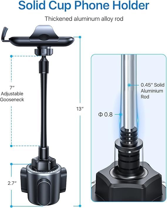 andobil Military-Grade Cup Phone Holder for Car/Truck, [2026 Enhanced] 13" 360° Adjustable Gooseneck w/Anti-Shake Car Mount, Universal Car Phone Holder for iPhone/Samsung All 4.0-7.0" Devices, Blue