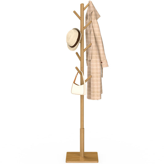 YheenLf Coat Rack Freestanding with Stable Square Base for Cloathes, Hat, Used in Bedroom, Office and Entryway, Sturdy and Easy Assembly Coat Tree with 3 Adjustable Sizes and 8 Hooks, Natural