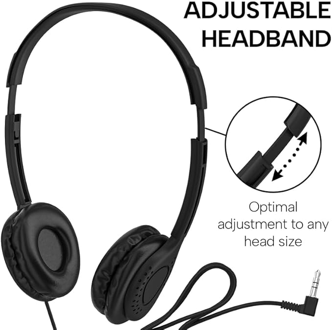 Maeline Kids Headphones for School Classroom K-12, Library, Museum, Travel, On Ear Stereo Headset with Adjustable Band & Faux Leather Cushions - 3.5mm Plug - 300 Pack - Black