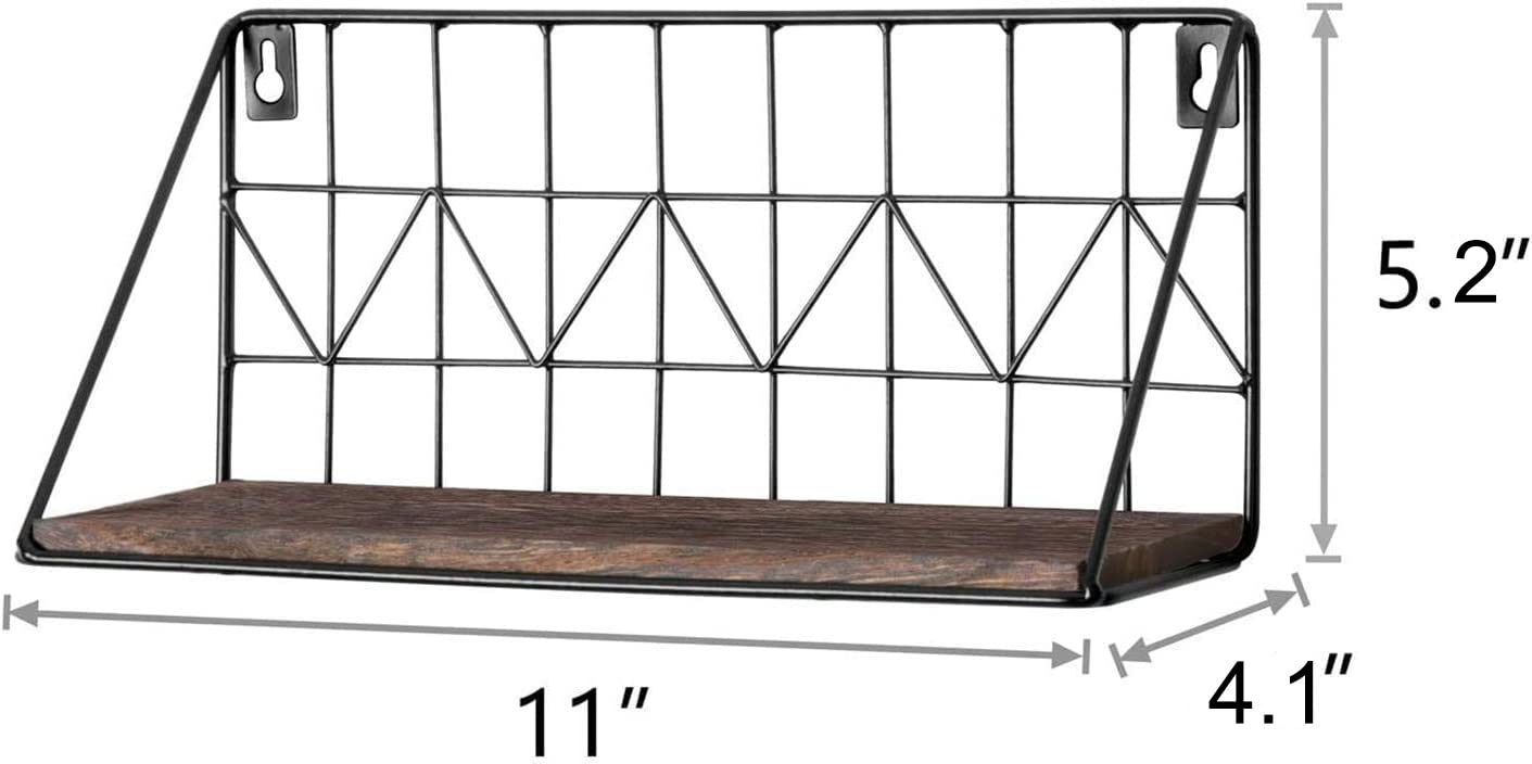Mkono Floating Shelves Wall Mounted Set of 2 Rustic Wood Storage Display Shelf with Metal Wire Basket 11.4 Inches, Hanging Shelf for Bedroom Bathroom Living Room Kitchen Office, Brown,Small