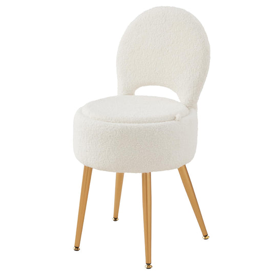 ZYKZYK Vanity Chair, Vanity Stool with Storage and Folding Back,4 Metal Legs with Anti-Slip Feet,Round Ottoman with Velvet Seat, Furry Padded Seat for Makeup, Bedroom (Black, Small)