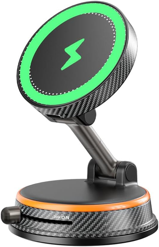 ZITUFAW 15W Fast Wireless Charger Magnetic Car Phone Holder, 360° Adjustable Magsafe Car Mount with Vacuum Suction Cup, Phone Holders for Your Car for iPhone & Android (Orange)