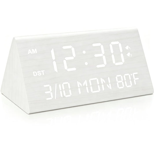 Kogonee Wooden Digital Alarm Clock, 0-100% Dimmer, 2 Alarm Settings, Weekday/Everyday Mode, 9 Mins Snooze, 12/24H, Temperature and Date Display for Office, Travel, Bedroom Alarm Clock (White)