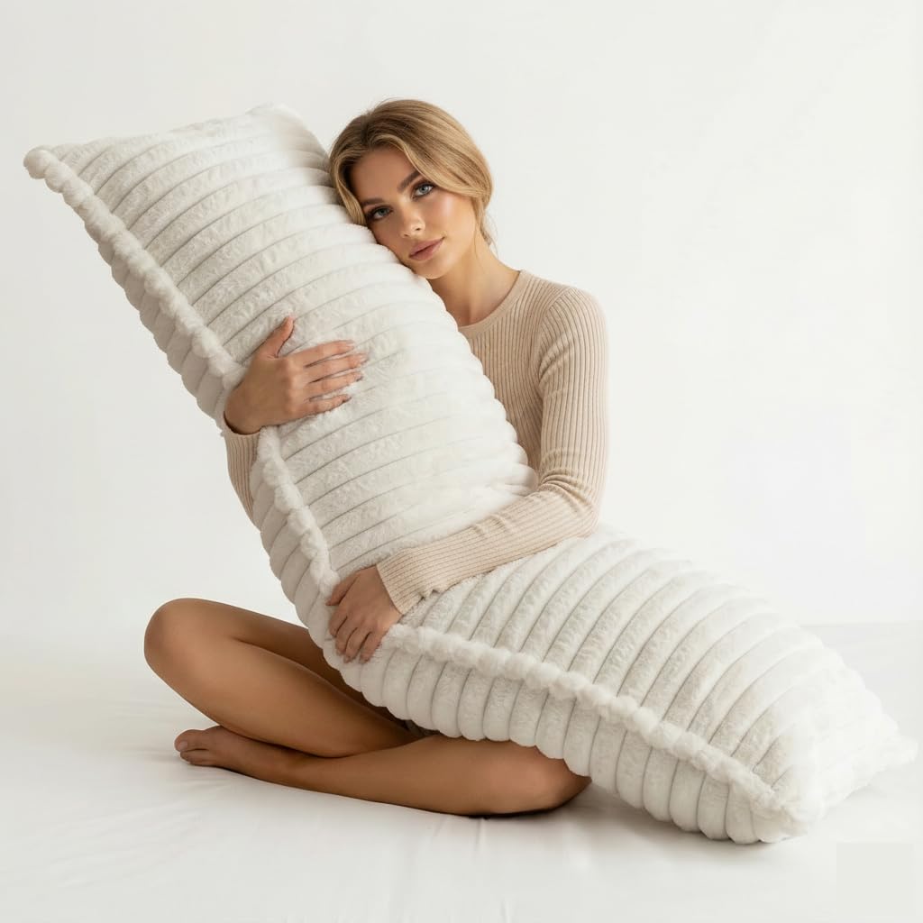Zhlloucm Luxurious Faux Fur Full Body Pillow for Adults,Shredded Memory Foam Body Pillows for Side Sleeper & Pregnancy, 20x54 Inch Fluffy Long Bed Pillow for Back Pain Relief, Removable Cover