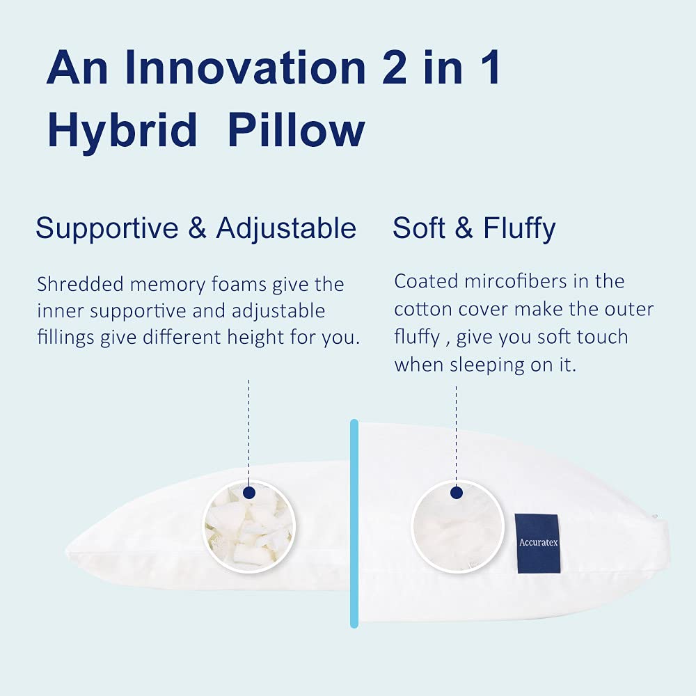 ACCURATEX Pillows Queen Size Set of 2, Hybrid Shredded Memory Foam Pillow[Adjustable Loft], Fluffy Down Alternative Fill Removable Cotton Cover, Firm Supportive Pillow for Side Back Sleepers