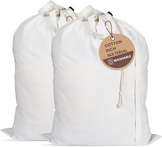 LFH Home Cotton Canvas Large Laundry Bag with Handle, Heavy Duty Drawstring Closure Washable Laundry Bags, School Travel, Home, Hotel, College Dorm, Organizer Sack, Toy Clothes 24x36 (Pack of 2)-White