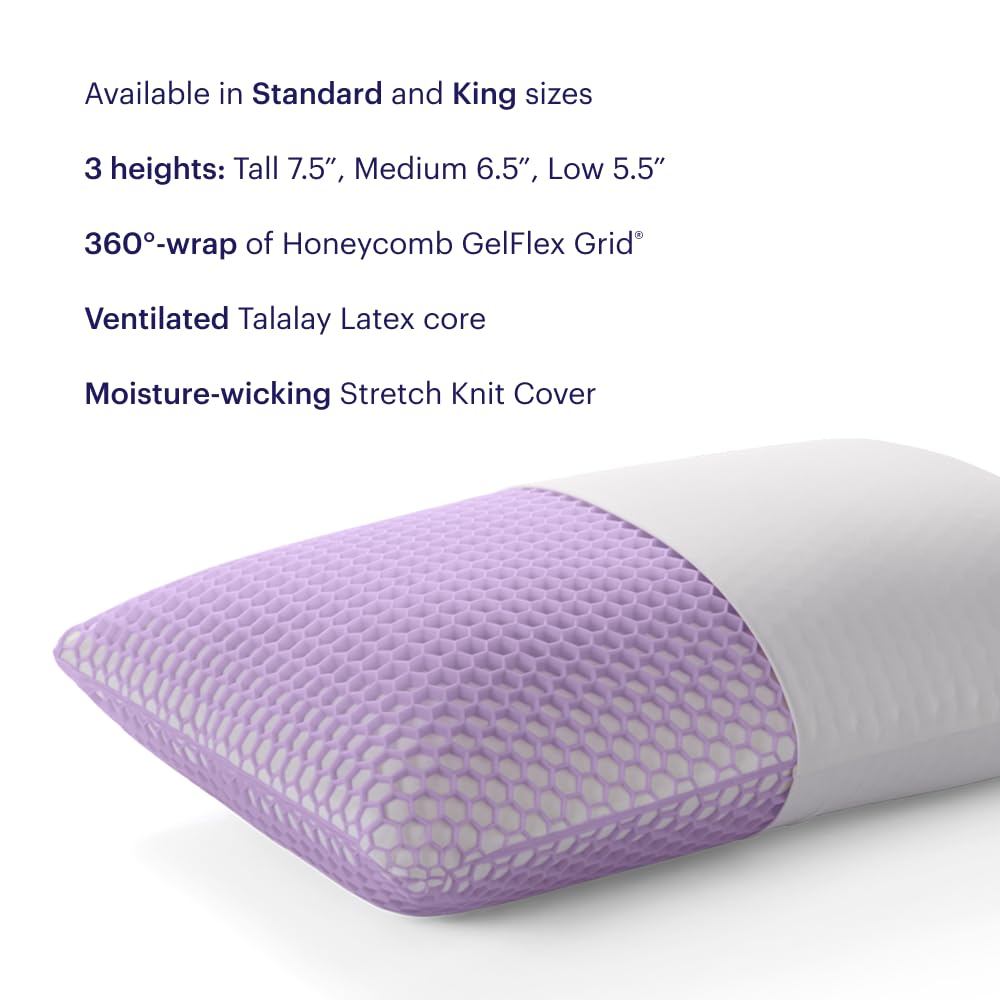 Purple Harmony Pillow - Tall Loft, Standard Size - Cooling Gel Neck and Side Sleeper Pillow, Weightless Medium Feel, GelFlex Grid and Talalay Latex Foam for Pressure-Relieving Support