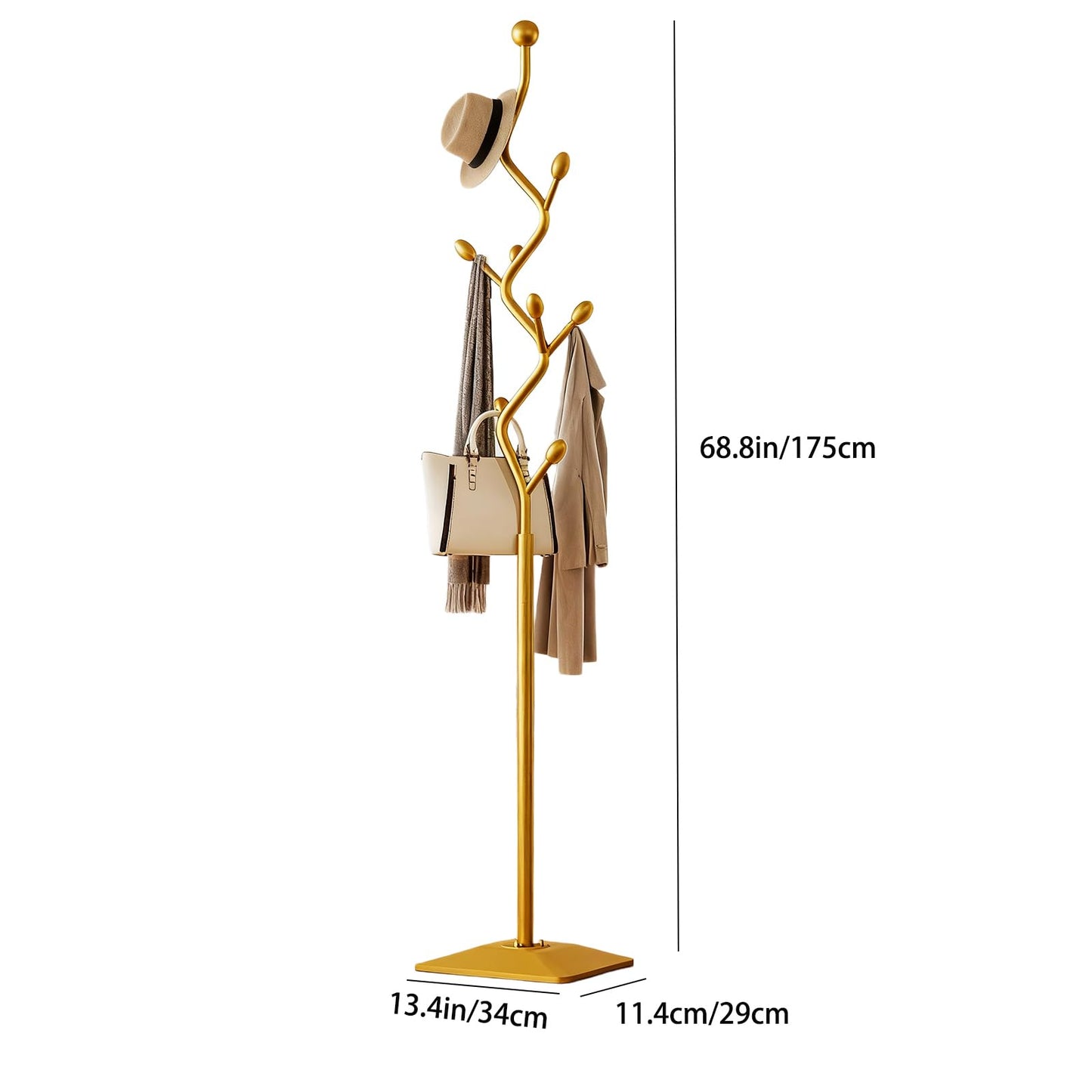 ZEYEXE Gold coat rack,Coat Tree Freestanding heavy duty with 8 Hooks and Sturdy Metal Base for Coat Hats Purses,Tree-shaped Coat Stand for Entryway,Bedroom