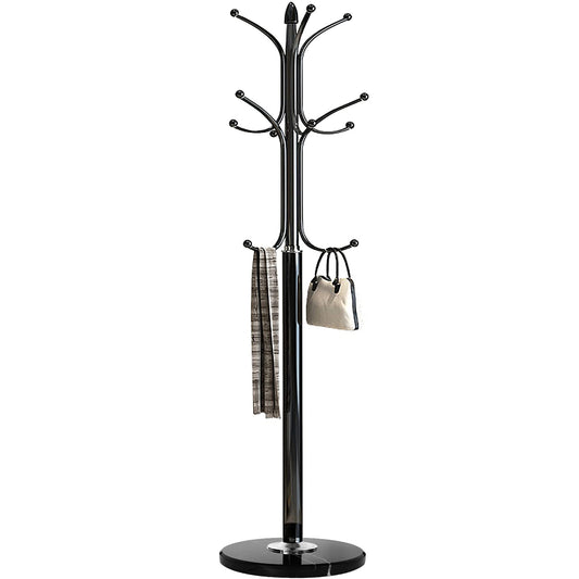 Kertnic Freestanding Coat Rack Stand, Heavy Duty Metal Hall Tree with 12 Hooks, 70 Inch Tall Stable Coat Hanger with 14.6" Natural Marble Base, Entryway Organizer for Coats Bags Hats Purses (Black)