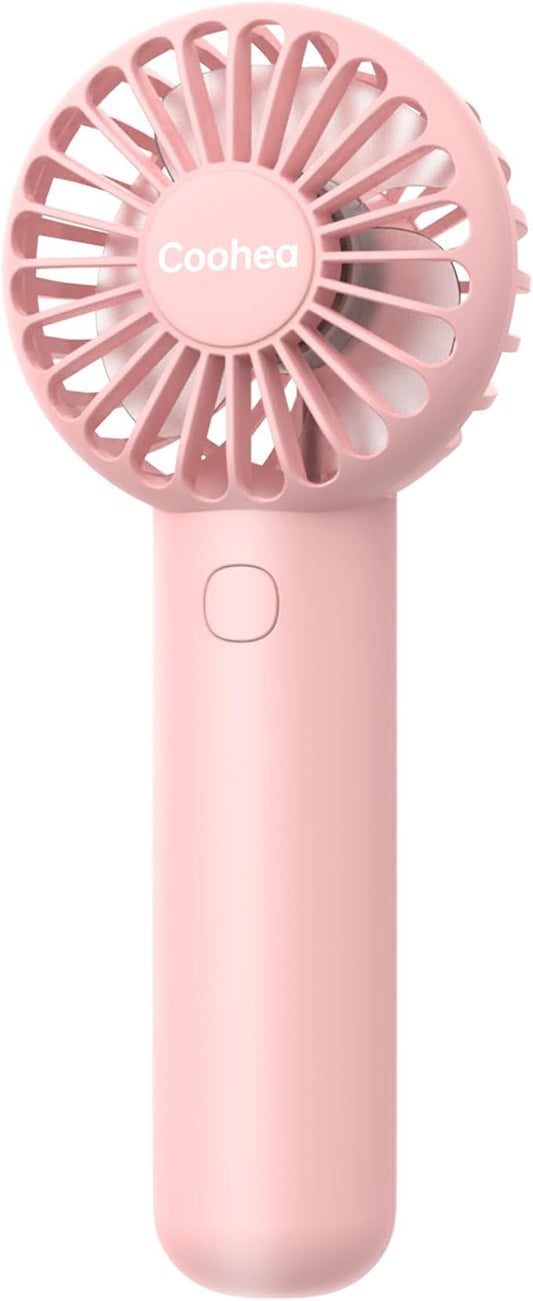 Coohea Mini Handheld Fan, Small Cute Design, 3 Powerful Speeds, USB Rechargeable Battery Operated, Personal Portable Fan with Base & Lanyard, for Eyelash Makeup Travel Beach Office Desk, Pink