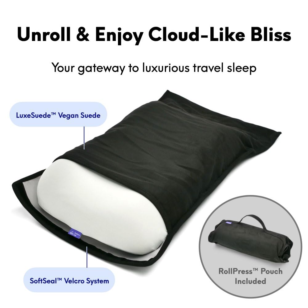 Cushion Lab Travel Deep Sleep Pillow – Compact Memory Foam Neck Pillow for Sleeping, Portable Pillow for Hotels, Camping, Side & Back Sleepers, On-the-Go – Black