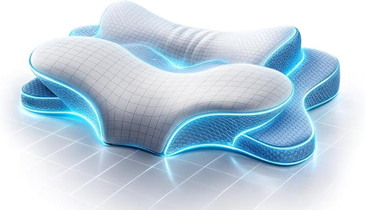 Cervical Neck Pillow for Sleeping, Dual Height Memory Foam Pillow for Neck Pain Relief, Ergonomic Contour Pillow for Side, Back & Stomach Sleepers – Cooling Washable Cover (Blue White)