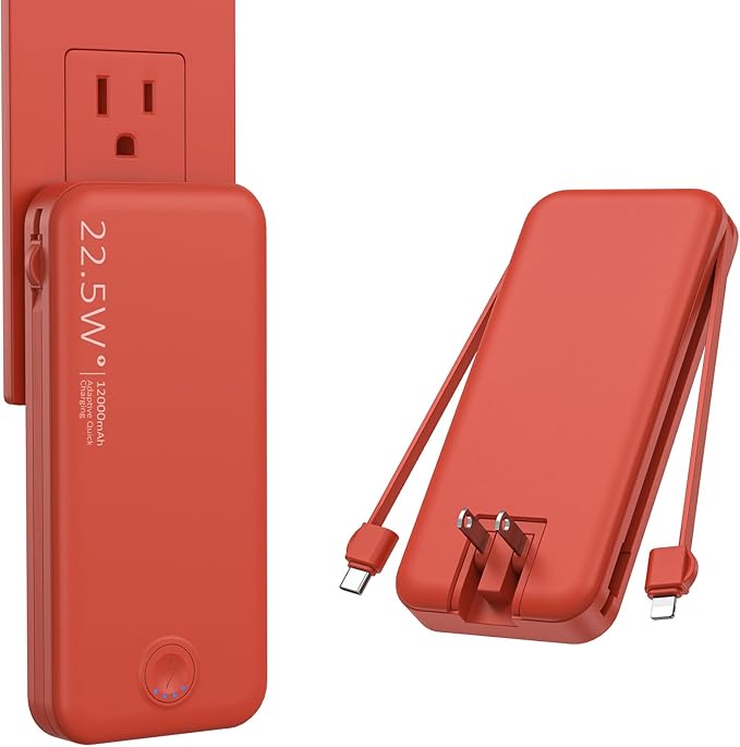 Portable Charger, 12000mAh 22.5W Fast Charging Power Bank with Built-in Cables & Wall Plug, Travel Essentials External Battery Pack, USB C Battery Phone Charger for iPhone, iPad, Samsung Red