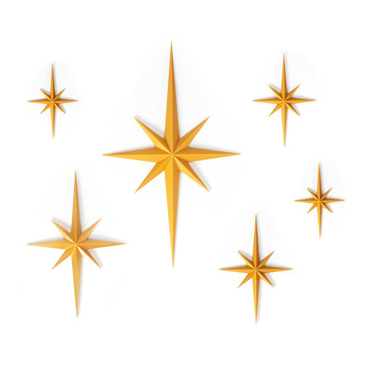 Stylor Mid Century Modern Decor, Gold Mcm Retro 3D Star Art Wall Sculpture, Plastic Starburst Decor, Vintage Celestial Whimsigoth Home Decor Accent. (Set of 6)