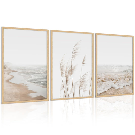Joocrise Beach Wall Art Boho Prints Coastal Canvas Wall Art Decor Beach Pictures Pampas Grass Ocean Poster Plant Landscape Scene Artwork for Living Room Bedroom 16x24 Inch Unframed Set of 3