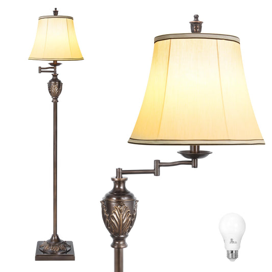 Traditional LED Floor Lamp with 350° Adjustable Swing Arm Lamp – Vintage Standing Pole lamp for Living Room, Bedroom and Office – Rustic Upright Floor Light for Home Décor with Faux Silk Fabric Shade