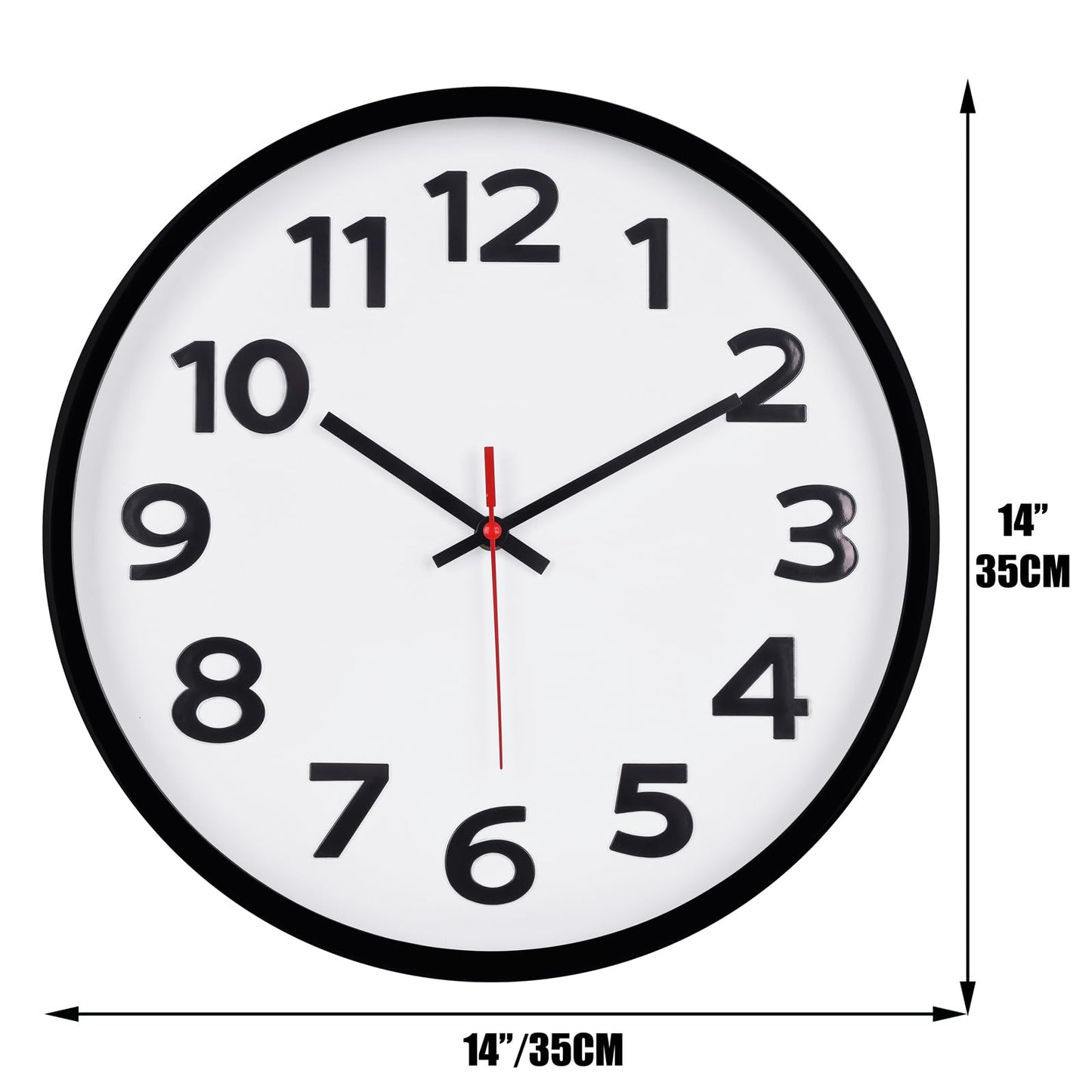 Keepcross 14 Inch Wall Clock Battery Operated Silent Non-Ticking, 3D Big Numbers Easy to Read, Analog Quartz Round Clock