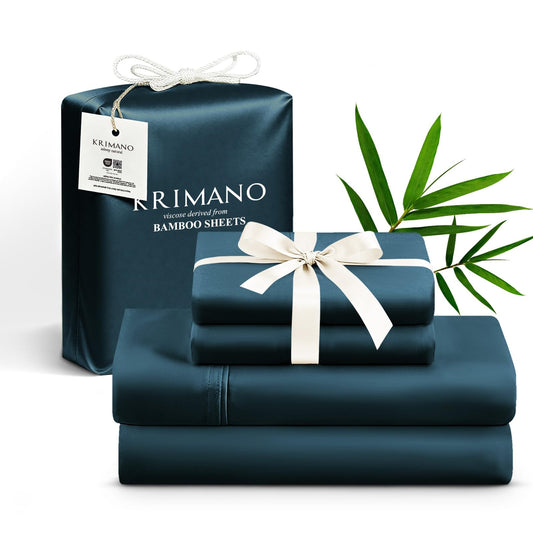 KRIMANO Queen Size Sheet Set, Viscose Bamboo Sheets for Bed Set 4pcs, 100% Viscose Derived from Bamboo, Hotel Luxury Silky & Cooling for Hot Sleepers, Deep Pocket Up to 17", Navy Blue