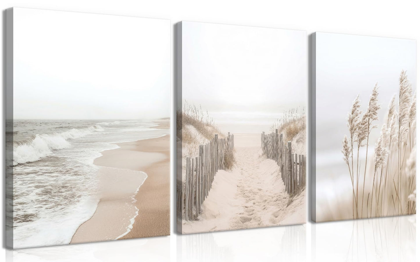 Framed Beach Canvas Wall Art Set of 3, Boho Coastal Nature Landscape Wall Decor Paintings, Ocean Beach Pampas Grass Artwork Prints Pictures for Living Room Bedroom Home Office 16x24 Inch