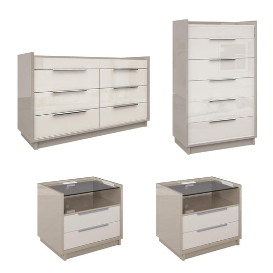 AMERLIFE 4 Piece Bedroom Furniture Set, 2 Nightstands with Charging Station, 8 Drawer Dresser with LED Light & 5 Drawer Chest, Modern High Gloss UV Finish, Bedroom Storage Organizer, Cream & Grey