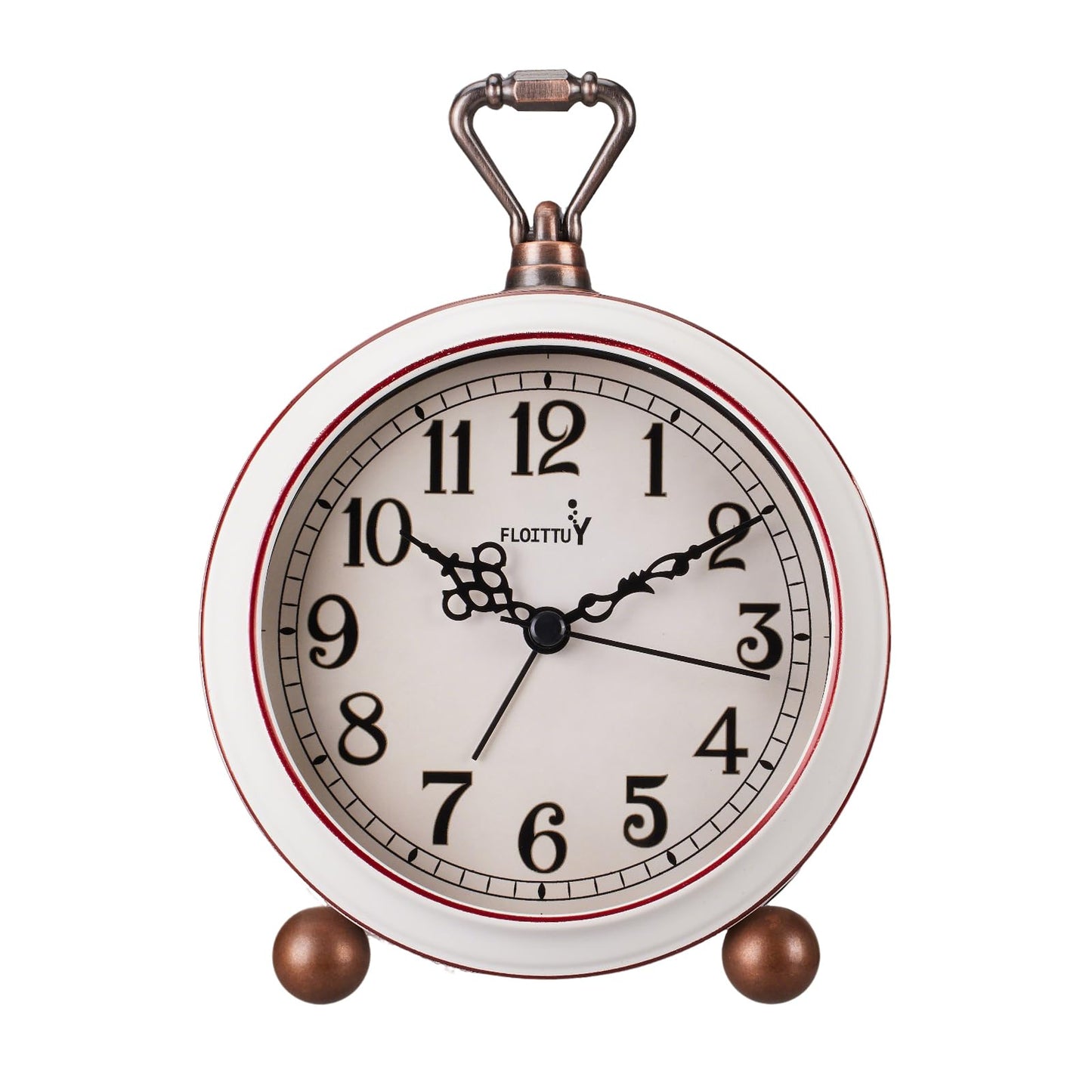 FLOITTUY 4.5" Battery Operated Antique Retro Analog Metal Alarm Clock, Silent Bedside Desk Clock, Wall-Hanging Vintage Clock(Vintage White)