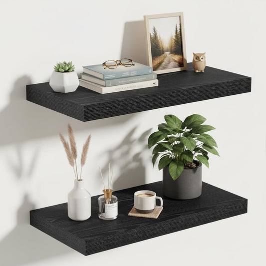 Vivelove 16 Inches Floating Shelves Wall Mounted, 10" Deep Wall Shelves for Bedroom, Bathroom, Living Room, Kitchen, Office, Home Decor, Modern Shelf, Set of 2, Black, 16x10.2x1.5