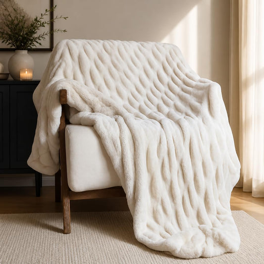 Raelee Luxury Faux Rabbit Fur Throw Blanket, Ultra Soft Double Sided Fluffy Plush Throw for Couch, Bed, Chair, Thick Warm Cozy Decorative Bubble Throw Blanket, Ivory White, 50x60