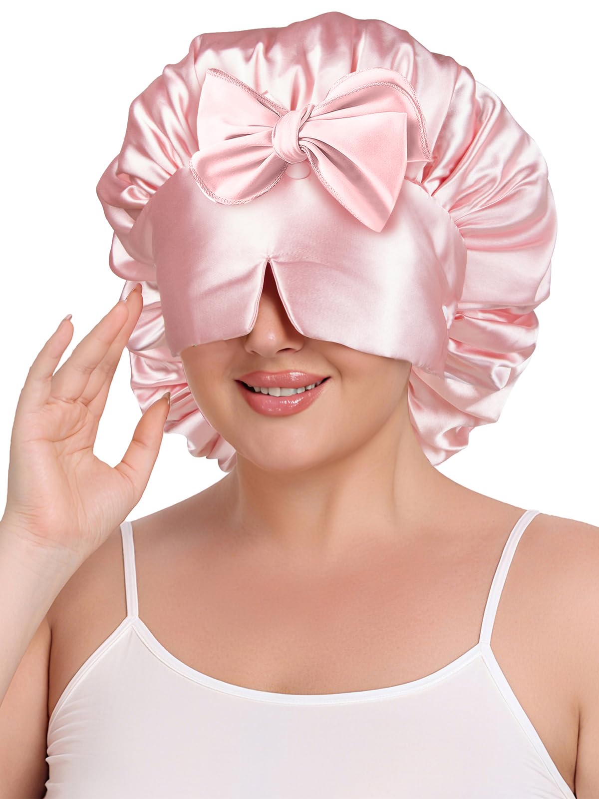 Vettres Double Layer Satin Bonnet for Sleeping with Detachable Eye Mask Adjustable Night Cap for Curly, Natural, Braided Hair Reduces Frizz & Locks in Moisture Yellow Strawberry