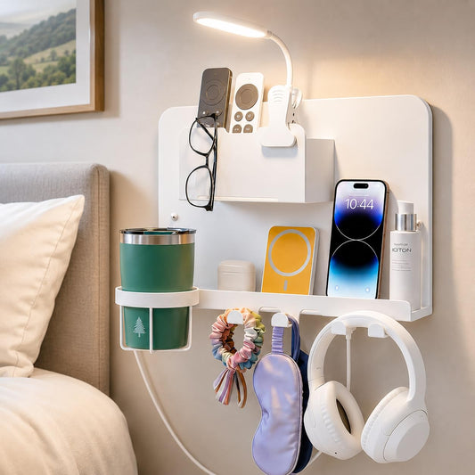 Metal Bedside Wall Shelf, Bedside Floating Shelf Wall Organizer with Detachable Cup Holder, No Drill Wall Mount for Bedroom, Dorm Room Decor, Nightstand Alternative, Bunk Bed Accessories, RV Storage