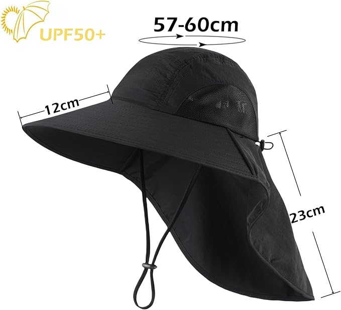 LLmoway Wide Brim Sun Hat with Neck Flap for Men Women Summer Outdoor UV Protection Breathable Fishing Hats with Strap