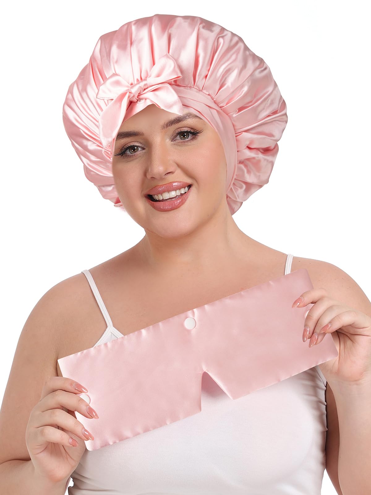 Vettres Double Layer Satin Bonnet for Sleeping with Detachable Eye Mask Adjustable Night Cap for Curly, Natural, Braided Hair Reduces Frizz & Locks in Moisture Yellow Strawberry