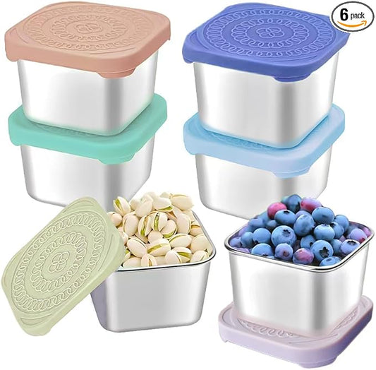 HTEVW 6Pack 6oz Stainless Steel Snack Containers for Kids, Easy Open Leak Proof Metal Toddler Snack Containers with Silicone Lids, Stackable Metal Toddler Lunch Box for School-U.S.Design Patent